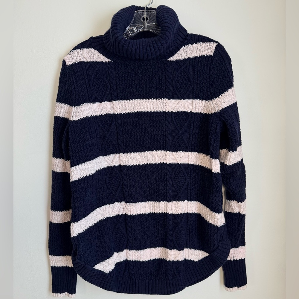 GAP Navy and Cream Striped Turtleneck Sweater with Various Cable Knit Design - Picture 1 of 15